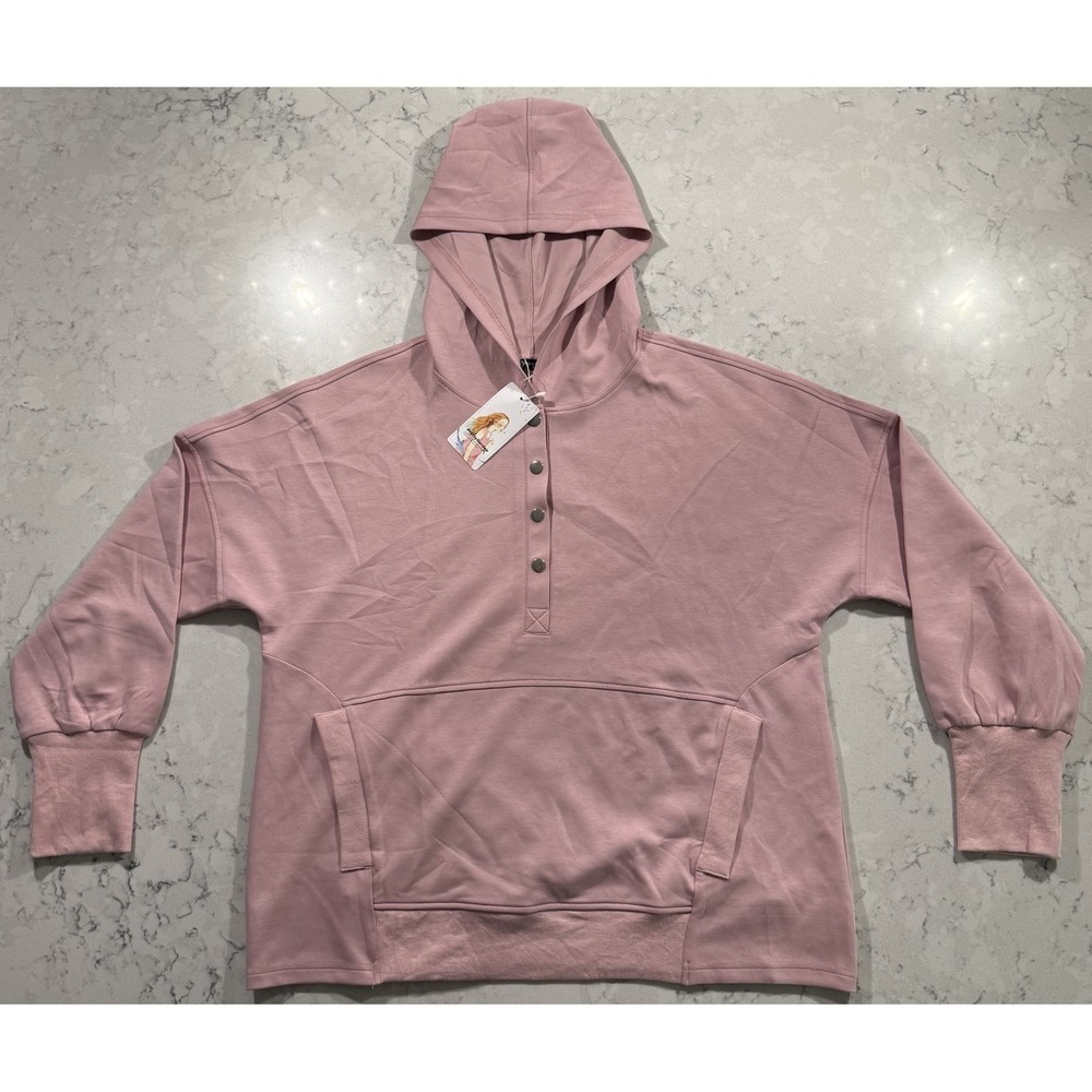 NWT PRETTYGARDEN Henley Hoodie Womens XL Pink Button Snap Oversized Sweatshirt
